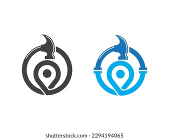 Hammer with Pin Map Location Logo Concept icon sign symbol Design Element. Plumbing Service, House, Home Repair, Plumber, Construction Building Logotype. Vector illustration template