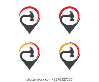 Hammer Pin Map Location Logo Concept symbol sign icon Design Element. Plumbing Service, House, Home Repair, Plumber, Construction Building Logotype. Vector illustration template