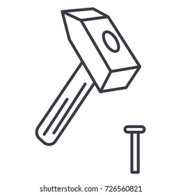 hammer with pin vector line icon, sign, illustration on background, editable strokes