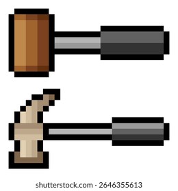 Hammer with pixel art isolated on white background