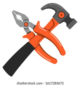 hammer and pliers lie cross to cross flat vector icon. Color icon in a flat style., flat vector simple element illustration from editable construction concept isolated on white background