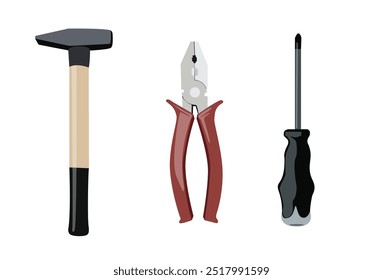 Hammer, pliers and screwdriver isolated on white background.