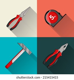 Hammer, pliers, tape-measure. Flat vector illustration.