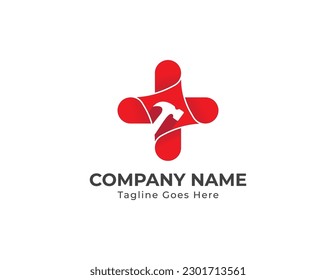 Hammer Plus Repair Logo Concept sign icon symbol Element Design. Construction Building, House, Home Repair Logotype. Vector illustration logo template