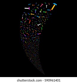 Hammer random fireworks stream. Vector illustration style is flat bright multicolored iconic symbols on a black background. Object fountain organized from scattered icons.