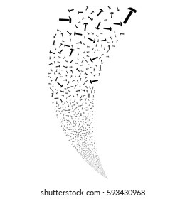 Hammer random fireworks stream. Vector illustration style is flat black iconic symbols on a white background. Object fountain made from scattered pictographs.