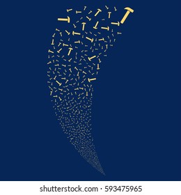 Hammer random fireworks stream. Vector illustration style is flat yellow iconic symbols on a blue background. Object fountain constructed from scattered design elements.