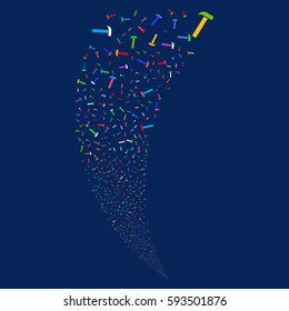 Hammer random fireworks stream. Vector illustration style is flat bright multicolored iconic symbols on a blue background. Object fountain organized from scattered pictographs.