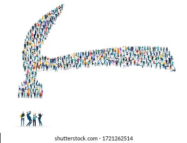 Hammer is ready to smash little people. Symbol made of many little people. Sign and symbol collection 
