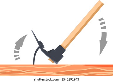 Hammer. Remove the nail with a hammer. Unscrew nails from wood. Hammer, nail moment, force  power calculation. Physics lever education Vector