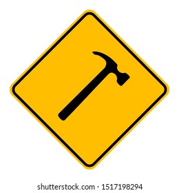 Hammer and road sign on white