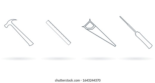 Hammer, ruler, saw, screwdriver. Vector set of tools for home.