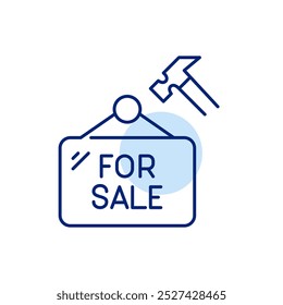 Hammer with for sale sign. Real estate agent services, property shopping. Pixel perfect vector icon