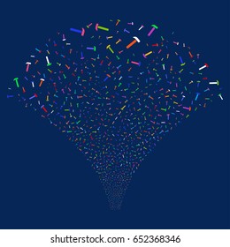Hammer salute stream. Vector illustration style is flat bright multicolored iconic symbols on a blue background. Object source fountain created from random design elements.