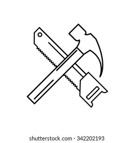 Hammer and saw linear icon. Carpenter service. Vector illustration. Minimalistic modern design.