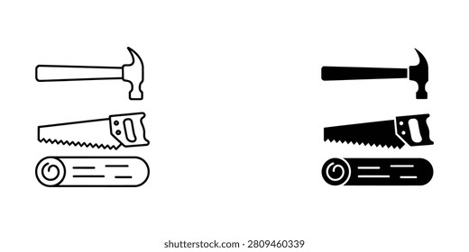 Hammer saw and log icon in linear and solid styles for carpentry work