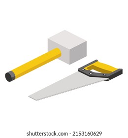 Hammer y Saw. Vector 3d línea isométrica, iconos de color web, nuevo estilo plano. Idea de diseño creativo para infografías.