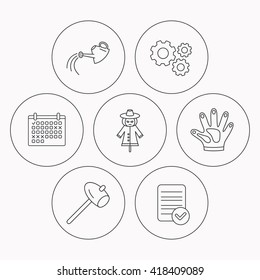 Hammer, scarecrow and watering can icons. Gloves linear sign. Check file, calendar and cogwheel icons. Vector