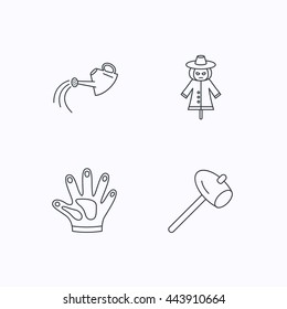 Hammer, scarecrow and watering can icons. Gloves linear sign. Flat linear icons on white background. Vector