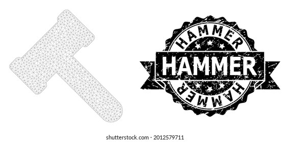 Hammer scratched seal imitation and vector hammer mesh model. Black seal includes Hammer text inside ribbon and rosette. Abstract flat mesh hammer, built from flat mesh.