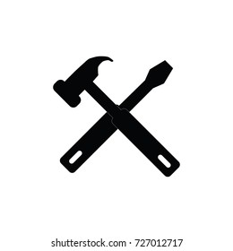 Hammer and screwdriver black and white flat icon.