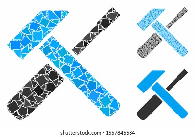 Hammer and screwdriver composition of tremulant pieces in variable sizes and color tones, based on hammer and screwdriver icon. Vector tuberous dots are organized into collage.