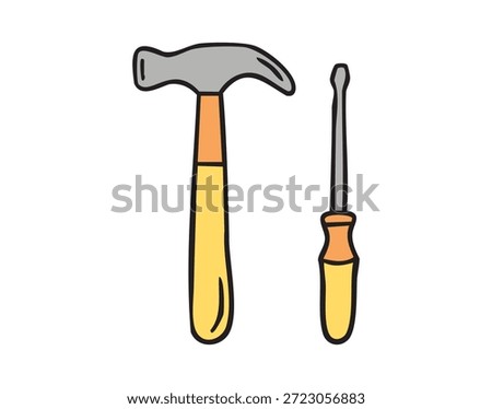 Hammer and screwdriver crossed, hand drawn doodle. Vector illustration.