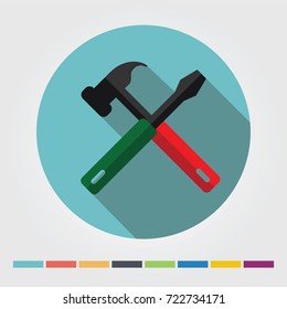 Hammer and screwdriver flat icon, long shadow.