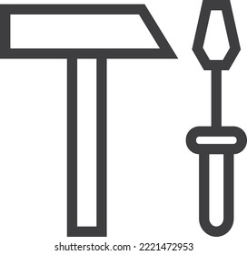 Martillo y destornillador. Icono de línea negra de la herramienta de mano