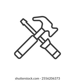 Hammer and screwdriver, icon in line design. Hammer, screwdriver, tools, construction, repair, DIY, maintenance on white background vector. Hammer and screwdriver editable stroke icon