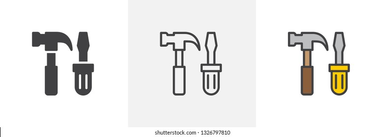 Hammer und Schraubendreher Symbol. Linie, Glyph und gefüllte Umrissversion, Arbeitswerkzeug Umriss und ausgefülltes Vektorzeichen. Symbol für Handwerker, Logo-Abbildung. Verschiedene Stilsymbole Set