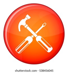 Hammer and screwdriver icon in red circle isolated on white background vector illustration