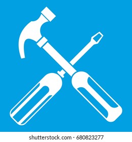Hammer and screwdriver icon white isolated on blue background vector illustration