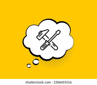 Hammer and screwdriver line icon. Comic speech bubble. Repair service sign. Fix instruments symbol. Yellow background with chat bubble. Hammer tool icon. Colorful banner. Vector
