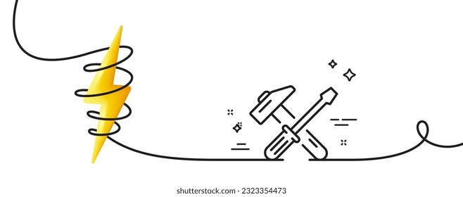 Hammer and screwdriver line icon. Continuous one line with curl. Repair service sign. Fix instruments symbol. Hammer tool single outline ribbon. Loop curve with energy. Vector