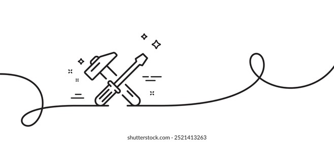 Hammer and screwdriver line icon. Continuous one line with curl. Repair service sign. Fix instruments symbol. Hammer tool single outline ribbon. Loop curve pattern. Vector