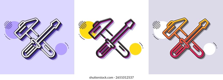 Hammer and screwdriver line icon. Halftone dotted pattern. Gradient icon with grain shadow. Repair service sign. Fix instruments symbol. Line hammer tool icon. Various designs. Vector
