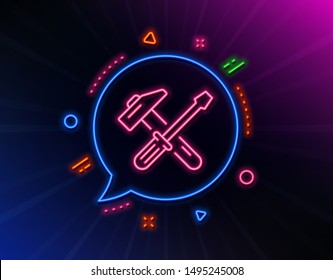 Hammer and screwdriver line icon. Neon laser lights. Repair service sign. Fix instruments symbol. Glow laser speech bubble. Neon lights chat bubble. Banner badge with hammer tool icon. Vector