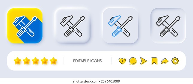 Hammer and screwdriver line icon. Neumorphic, Flat shadow, 3d buttons. Repair service sign. Fix instruments symbol. Line hammer tool icon. Social media icons. Vector