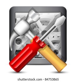 Hammer and Screwdriver on the gearbox background. Vector Illustration