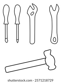 Hammer, Screwdriver, Spanner in a construction vector set include a saw, ideal for cutting wood, metal, a drill, which creates holes in various materials. clean, modern vector style.