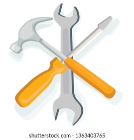 hammer screwdriver and spanner tools assembled into star shape isolated on white background