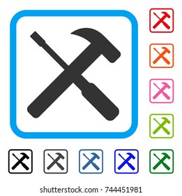 Hammer And Screwdriver Tools icon. Flat gray iconic symbol inside a blue rounded rectangular frame. Black, gray, green, blue, red, orange color variants of Hammer And Screwdriver Tools vector.