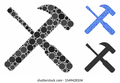 Hammer and screwdriver tools mosaic of spheric dots in various sizes and shades, based on hammer and screwdriver tools icon. Vector round dots are grouped into blue mosaic.