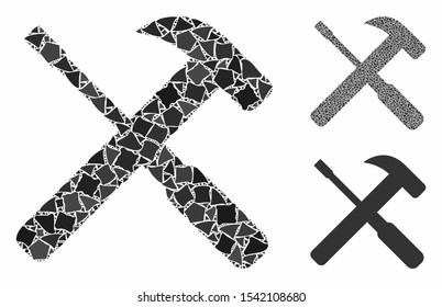 Hammer and screwdriver tools mosaic of unequal pieces in variable sizes and shades, based on hammer and screwdriver tools icon. Vector rugged pieces are combined into mosaic.