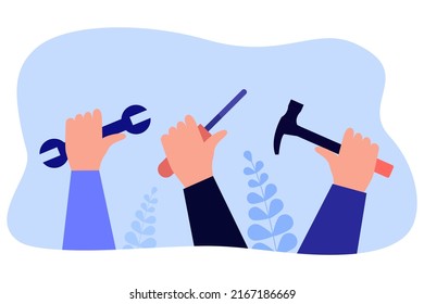 Hammer, screwdriver, wrench in hands flat vector illustration. Construction or repair tools in hands. Occupation, renovation, maintenance concept for banner, website design or landing web page