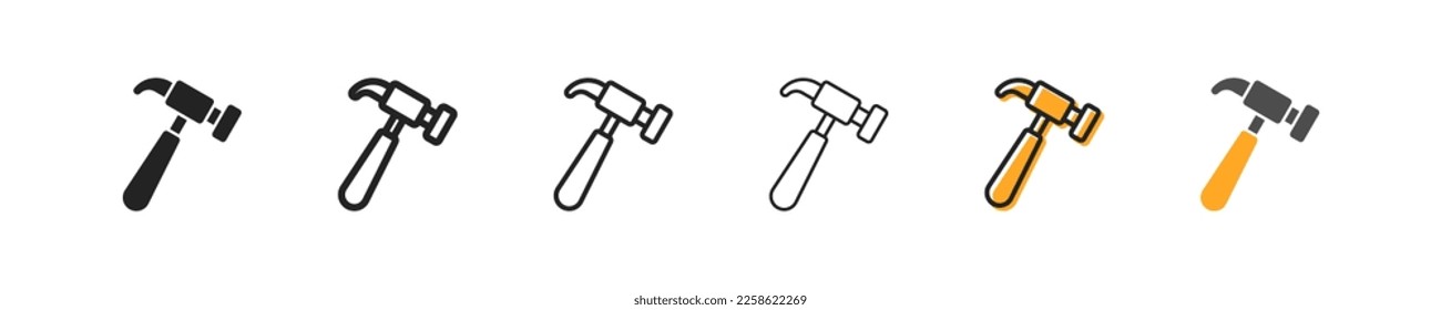 Hammer set of six icons in different styles. Repair, builder, construction, hammer nails, repair, repair, builder, work, reach out. Concept of working tools. Set of vector icons on a white background.