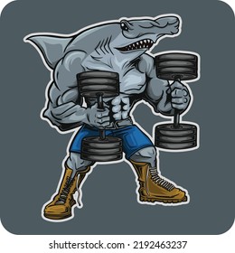 hammer shark mascot vector illustration design gym logo lifting barbell