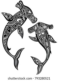 Hammer sharks tattoo in Maori tribal style