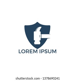 Hammer With Shield Logo Design. Hammer Protection Logo Design Template. Renovation or repairment vector logo design concept.